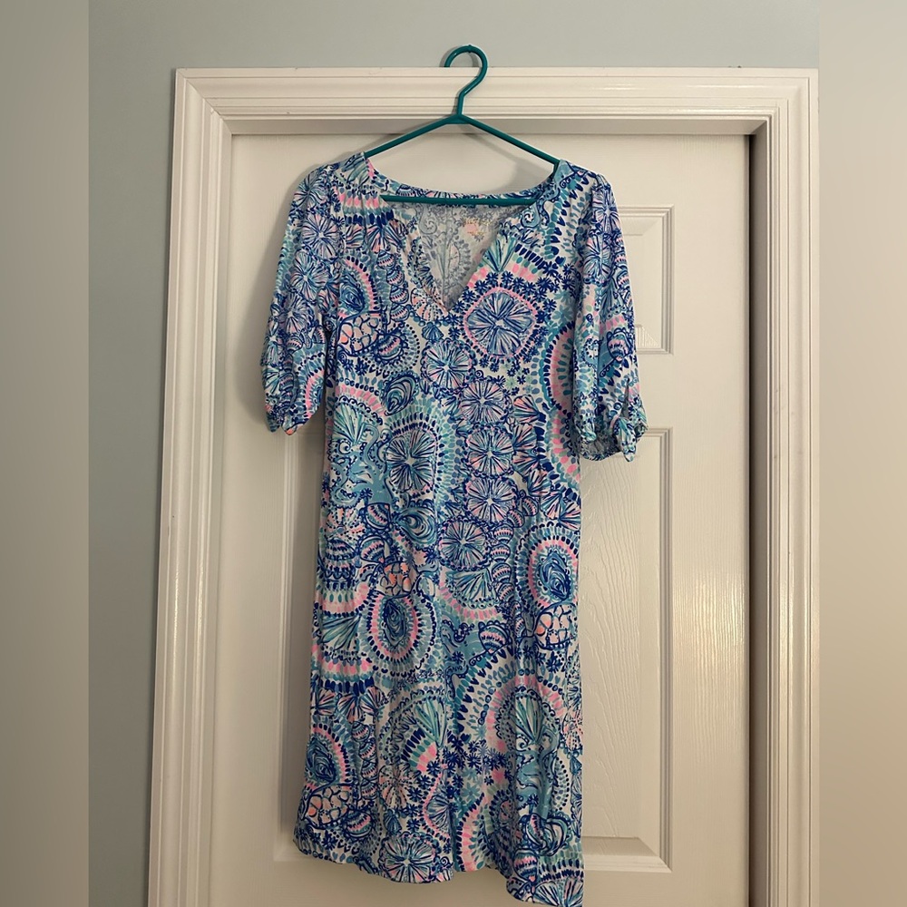 Lilly Pulitzer Blue and Purple Puff Sleeve Sheath Dress